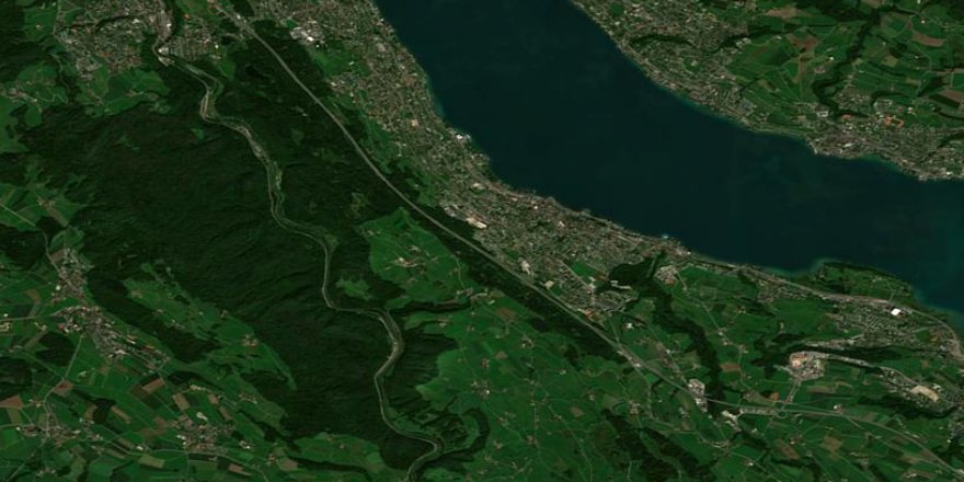 Image satellite Sentinel-2 de la vallée de la Sihl : forêt dense sombre, champs plus clairs, lac de Zurich et Sihl